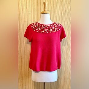 Moth for Anthropologie Faux Pearl & Bauble Embellished Pink Knit Top